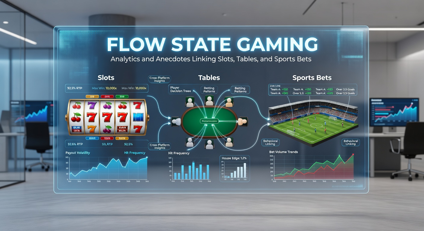 Spieler in immersivem Flow-Zustand vor Slot-Maschinen, Tischspielen und Sportwetten-Displays, die nahtlos ineinander übergehen