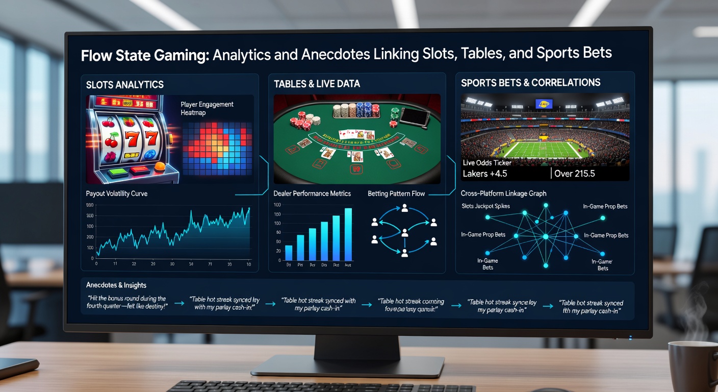 Datenvisualisierung mit Graphen, die Flow-Übergänge zwischen Slots, Roulette-Tischen und Sportwetten-Linien darstellen, inklusive Spieler-Anekdoten-Icons