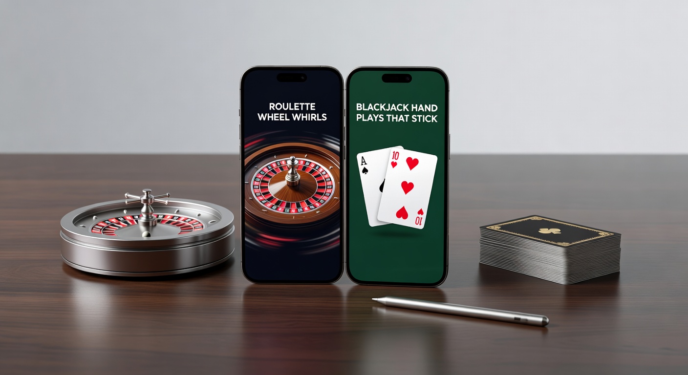 Smartphone mit Roulette-Rad und Blackjack-Tisch auf kleinem Display, das Touch-Einsätze zeigt
